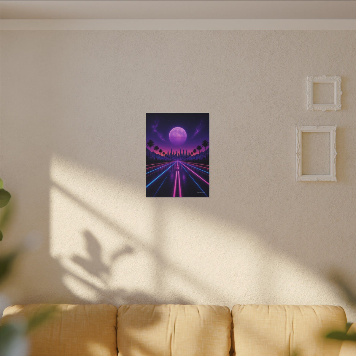 Night Drive 2049 canvas hanging above a dark gaming desk with neon lighting, view 4 of 8