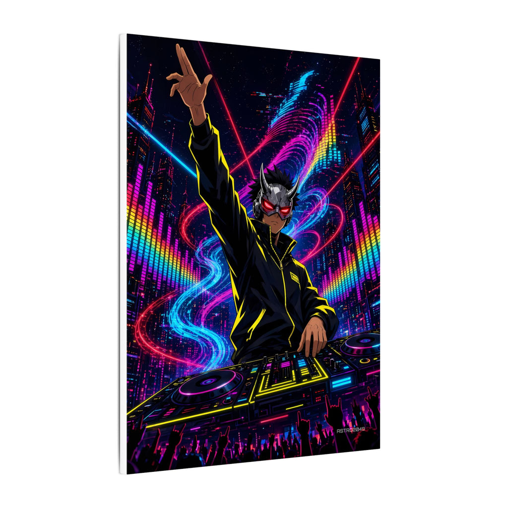 Bassline Oni DJ canvas hanging above a dark gaming desk with neon lighting, view 3 of 8