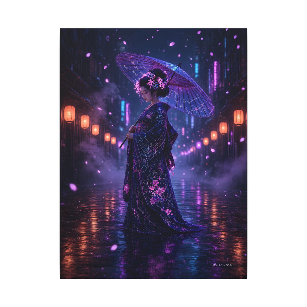 Lantern Rain Geisha canvas print, 18 x 24 in – a neon geisha with a glowing umbrella in a rainy lantern alley, original cyberpunk geisha art by ASTRO2049