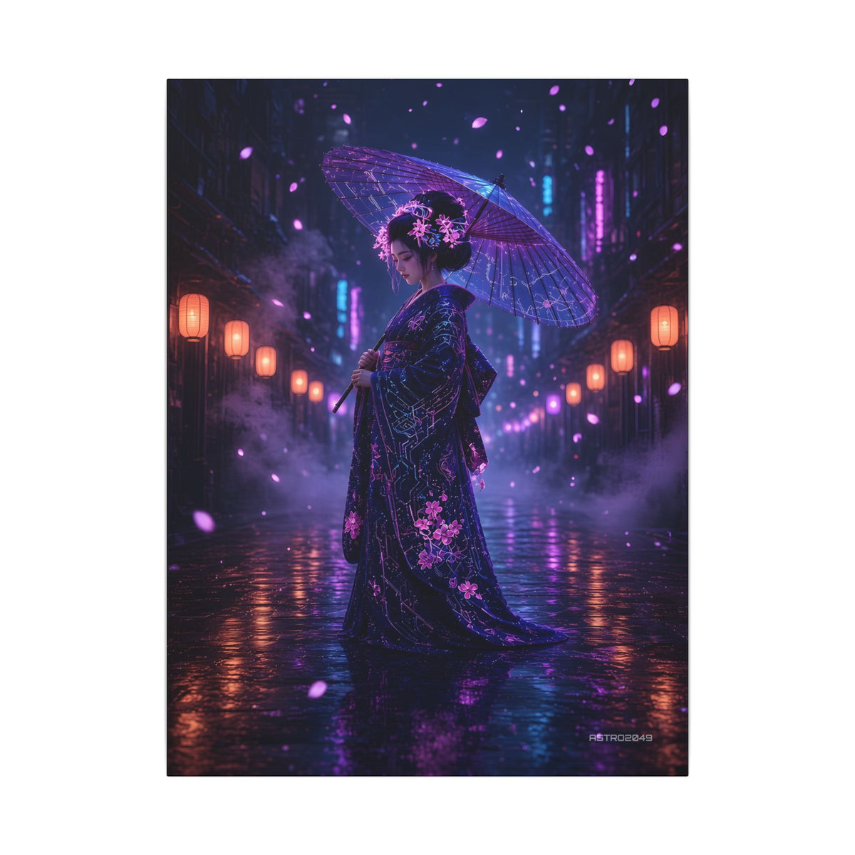 Lantern Rain Geisha canvas print, 18 x 24 in – a neon geisha with a glowing umbrella in a rainy lantern alley, original cyberpunk geisha art by ASTRO2049