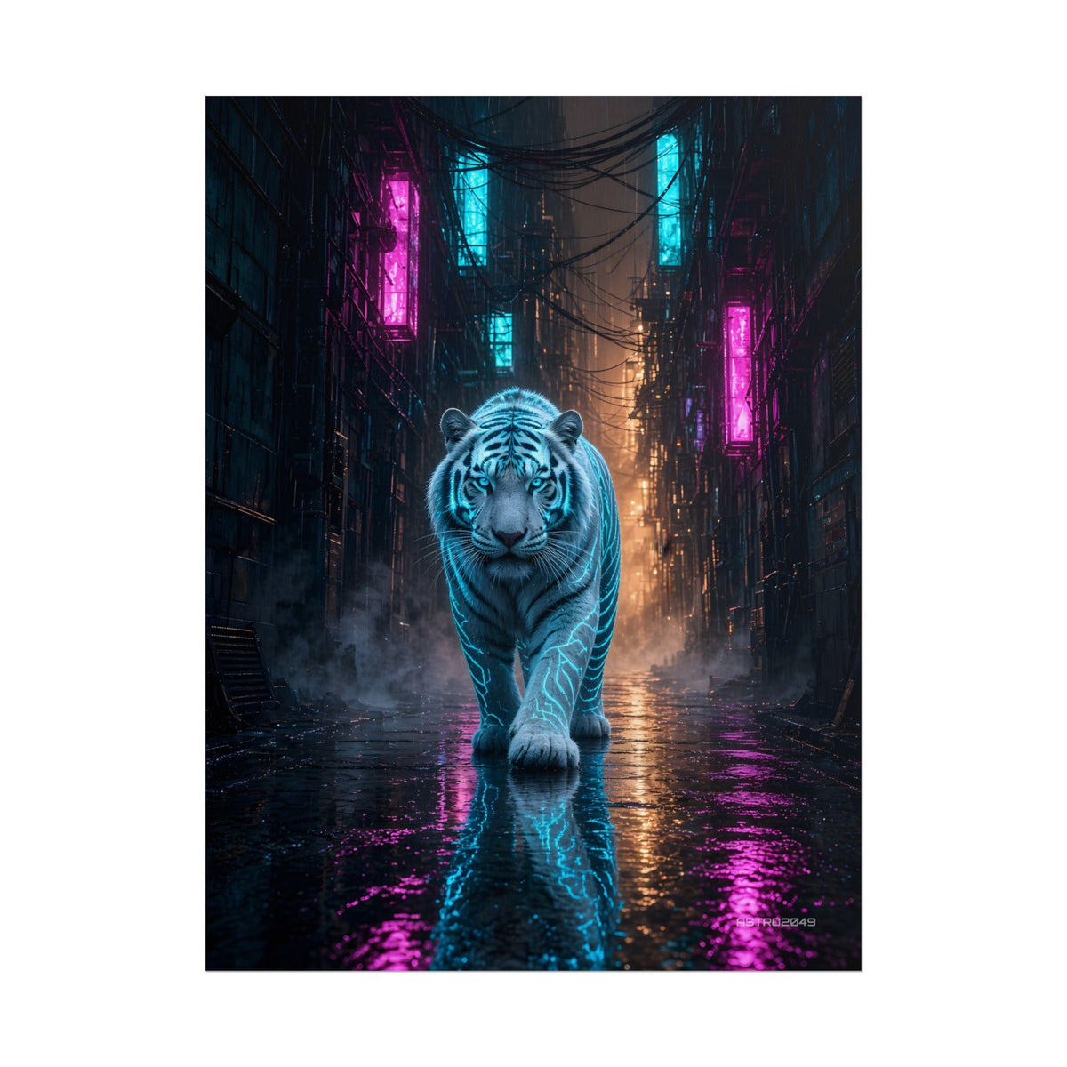 Rain Alley Tiger poster hanging above a dark gaming desk with neon lighting, view 2 of 8