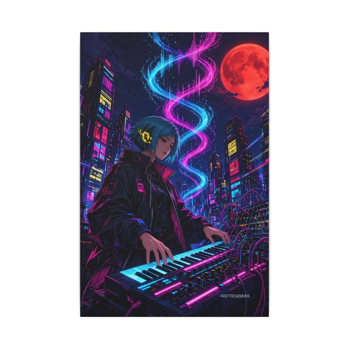 Rooftop Synth Runner canvas hanging above a dark gaming desk with neon lighting, view 2 of 8