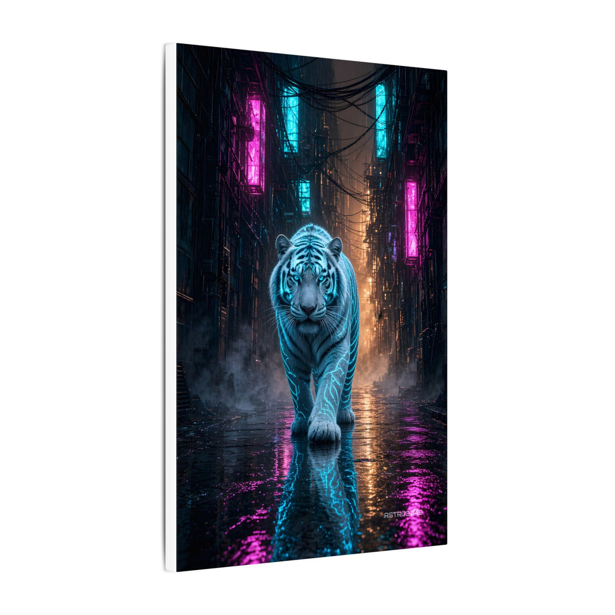 Rain Alley Tiger canvas hanging above a dark gaming desk with neon lighting, view 6 of 8