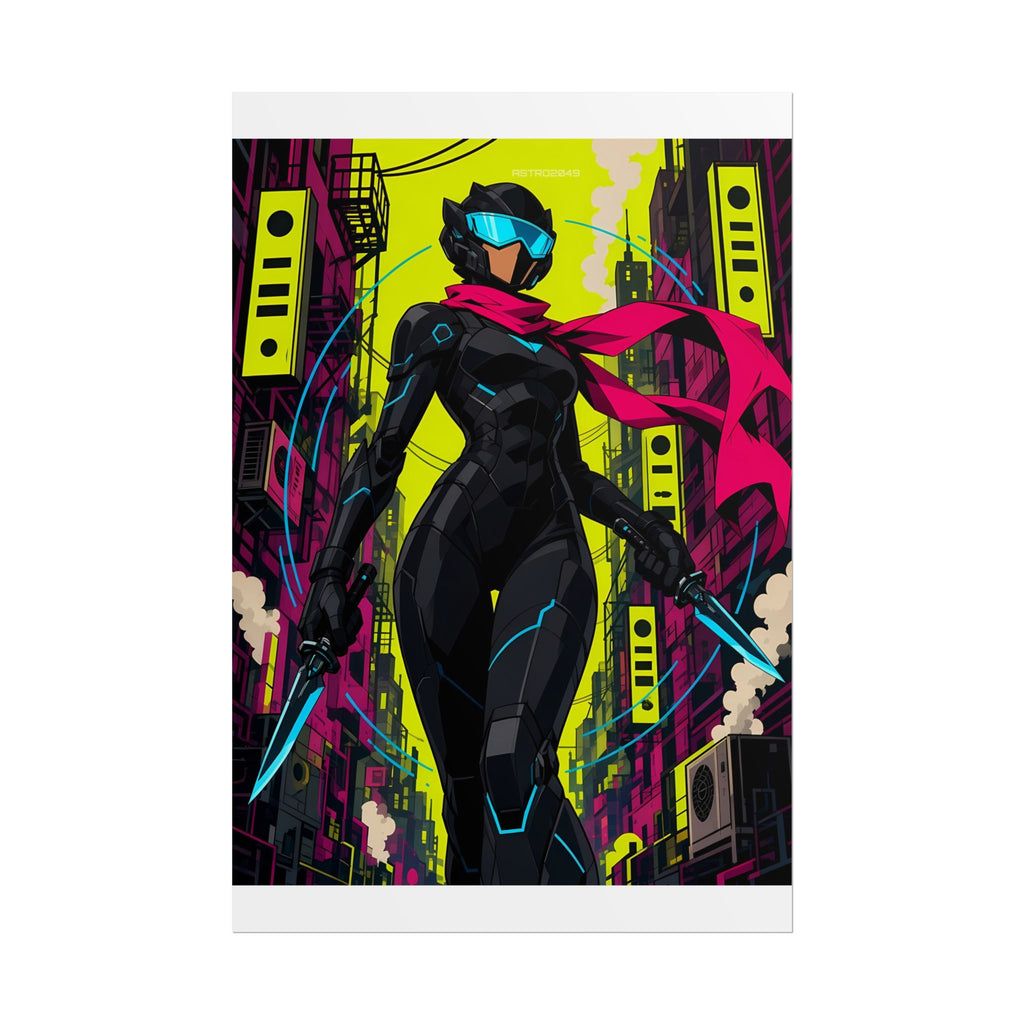 Vertical anime-style art of a black-suited cyborg ninja with a cyan visor and a long magenta scarf in a narrow acid-yellow alley, poster by ASTRO2049