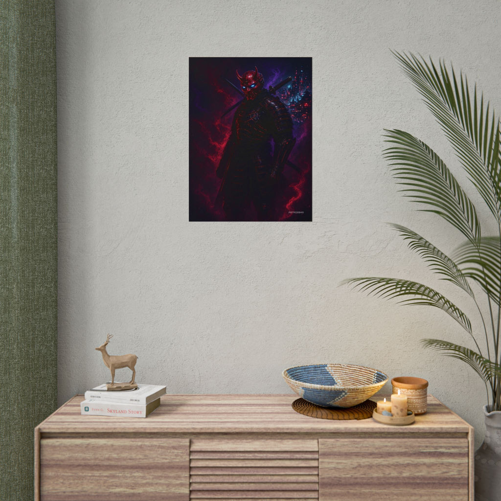 Oni Mask Ronin poster hanging above a dark gaming desk with neon lighting, view 8 of 8