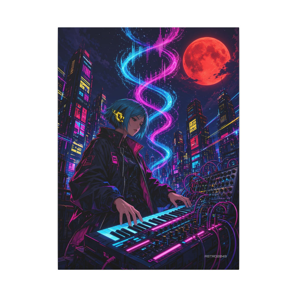 Vertical anime-style art of a musician at a glowing synthesizer with spiralling neon sound waves and a red moon above the city, canvas by ASTRO2049