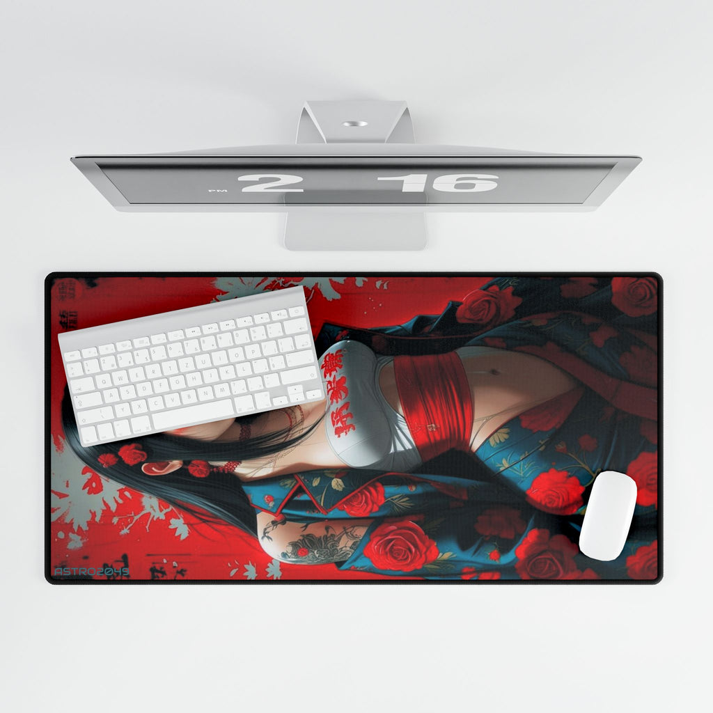 CYBERPUNK - GEISHA - Elegant Floral Desk Mat - Japanese Art, Gaming Desk Pad, Home Office Decor, Mouse Pad, Modern Workspace Accessory