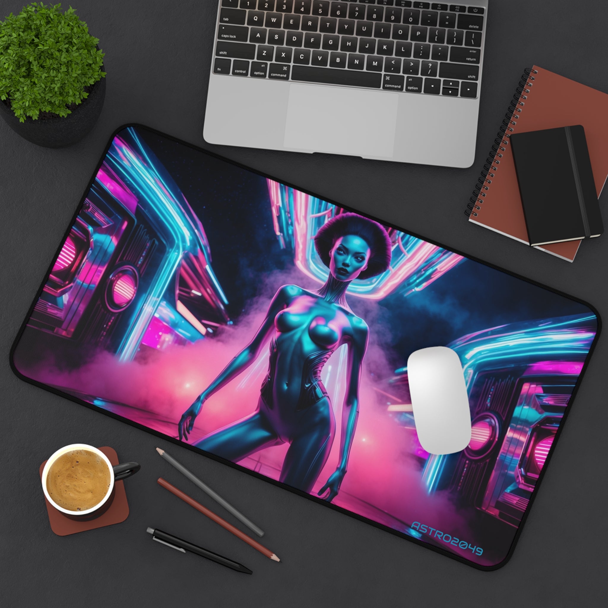 CYBERPUNK -ALIEN - Futuristic Alien Desk Mat, Cyberpunk Office Decor, Gaming Mouse Pad, Neon Aesthetic Gift