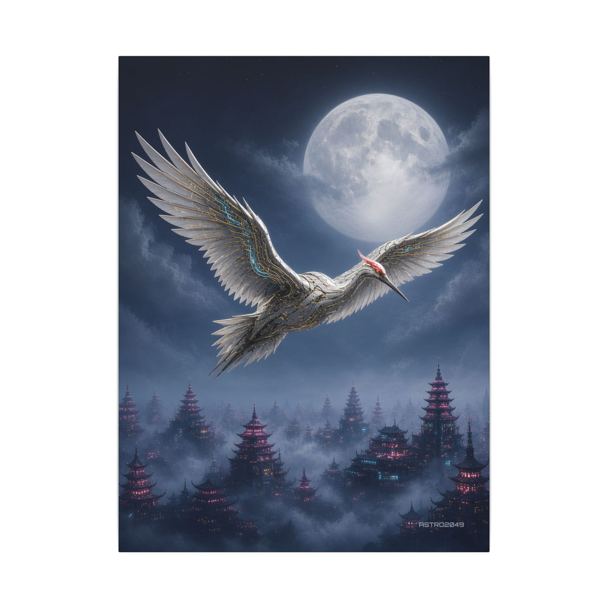 Vertical art of a white circuit-feathered crane flying in front of a full moon above glowing pagoda towers, canvas by ASTRO2049