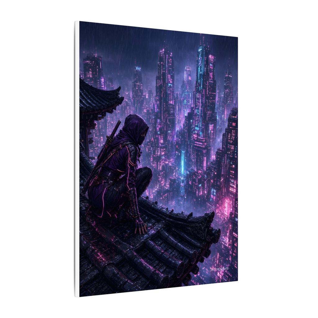 Neon Rooftop Kunoichi canvas hanging above a dark gaming desk with neon lighting, view 3 of 8