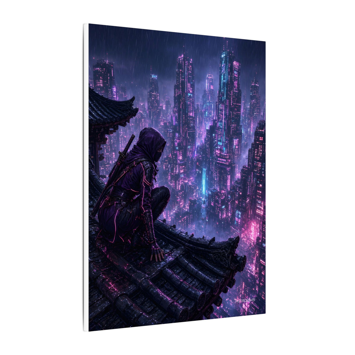 Neon Rooftop Kunoichi canvas hanging above a dark gaming desk with neon lighting, view 3 of 8