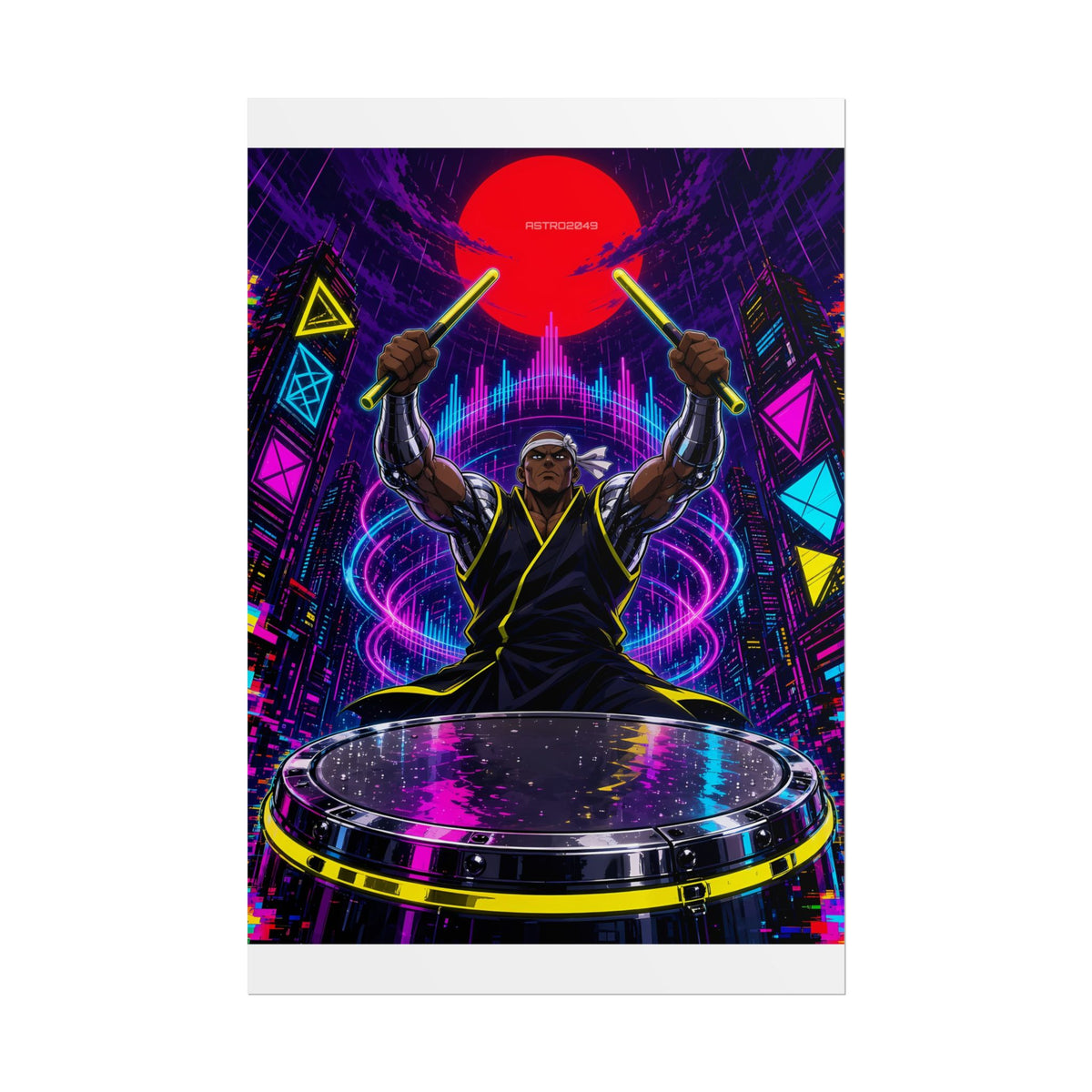 Vertical anime-style art of a taiko drummer with chrome arms raising two glowing sticks above a giant drum, neon sound-wave rings and a red sun between skyscrapers, poster by ASTRO2049