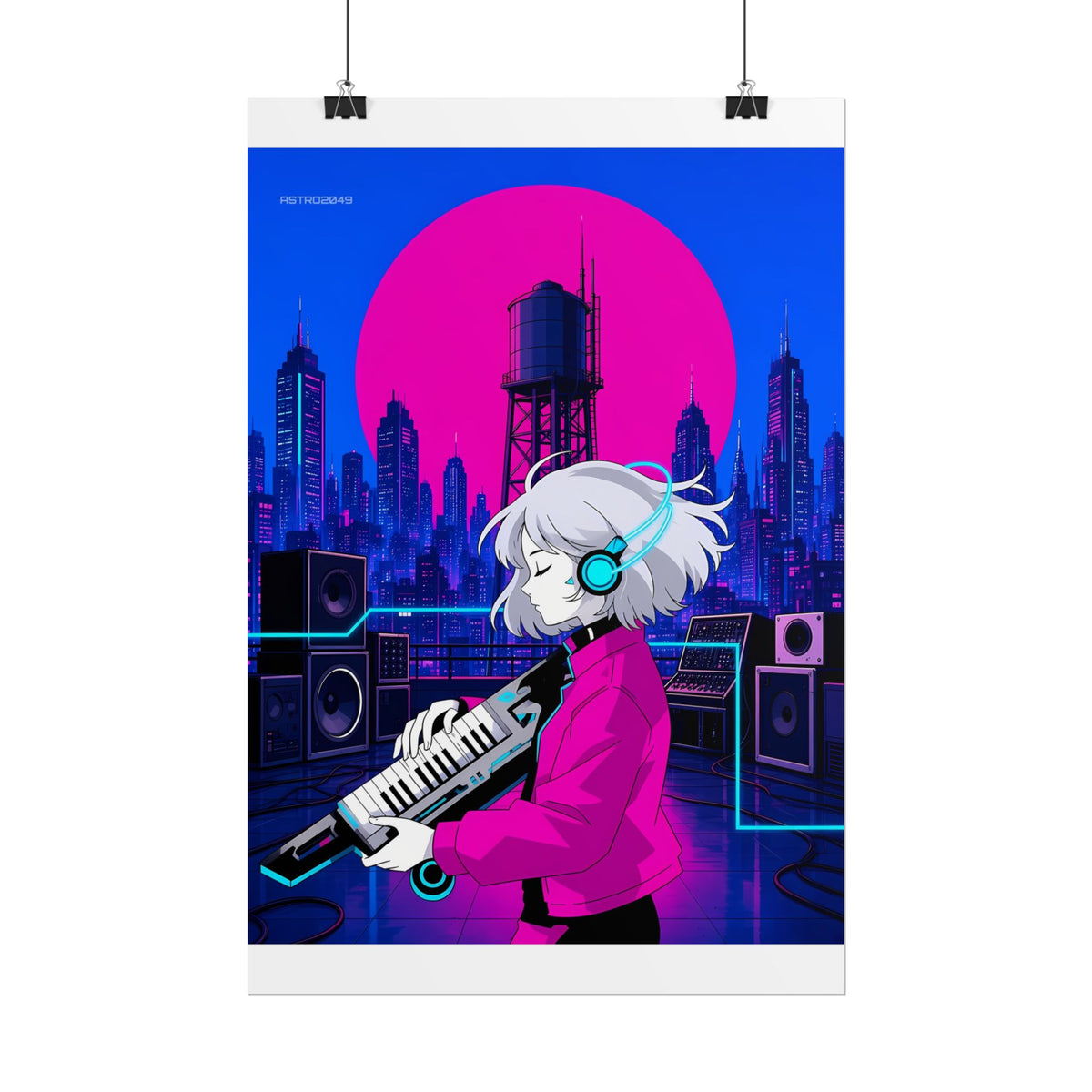 Lumi Keytar Signal poster hanging above a dark gaming desk with neon lighting, view 3 of 8