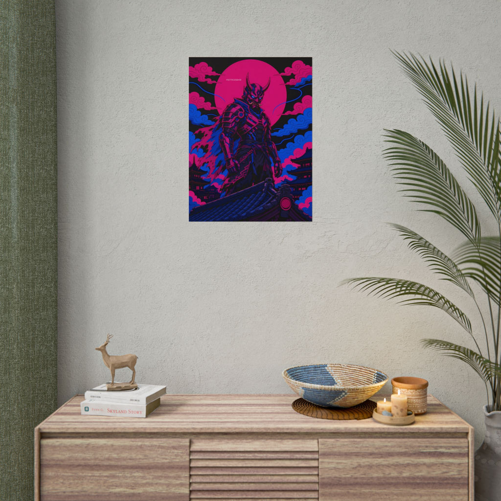 Temple Roof Oni Warlord poster hanging above a dark gaming desk with neon lighting, view 8 of 8