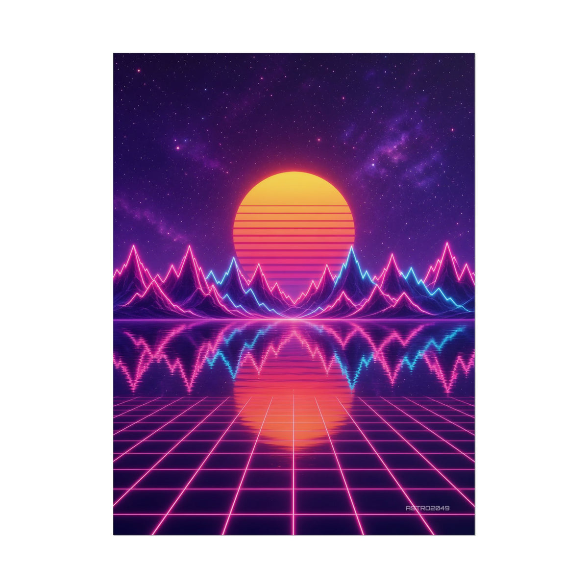 Waveform Sunset poster hanging above a dark gaming desk with neon lighting, view 2 of 8