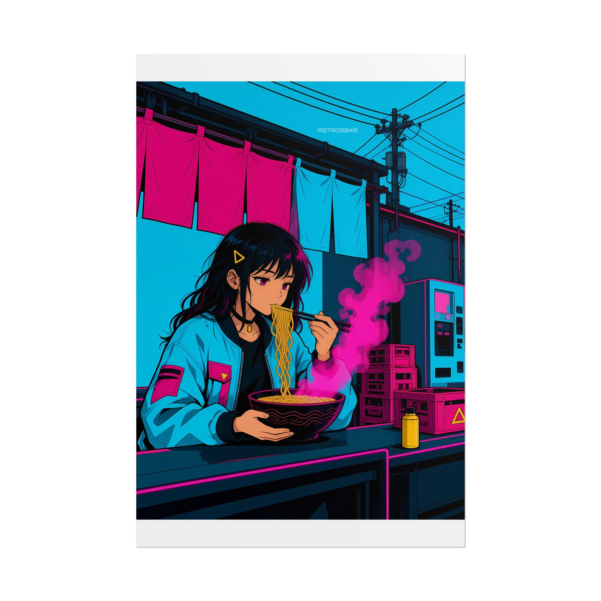 Vertical anime-style art of a black-haired girl eating noodles from a steaming bowl at a cyan and magenta street stall, poster by ASTRO2049
