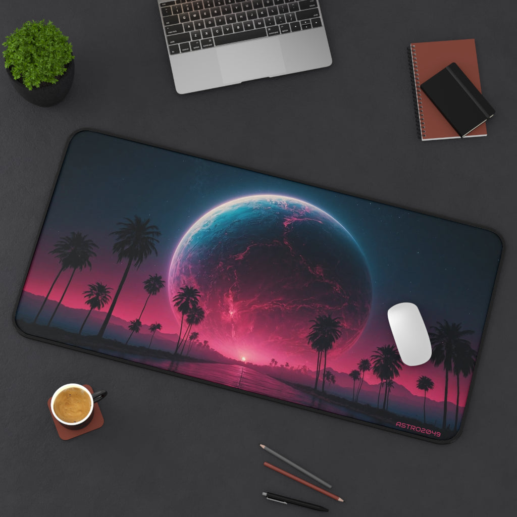 CYBERPUNK - RETROWAVE - Cosmic Oasis Desk Mat - Vibrant Gaming Pad, Office Decor, Gift for Space Lovers, Planet Themed