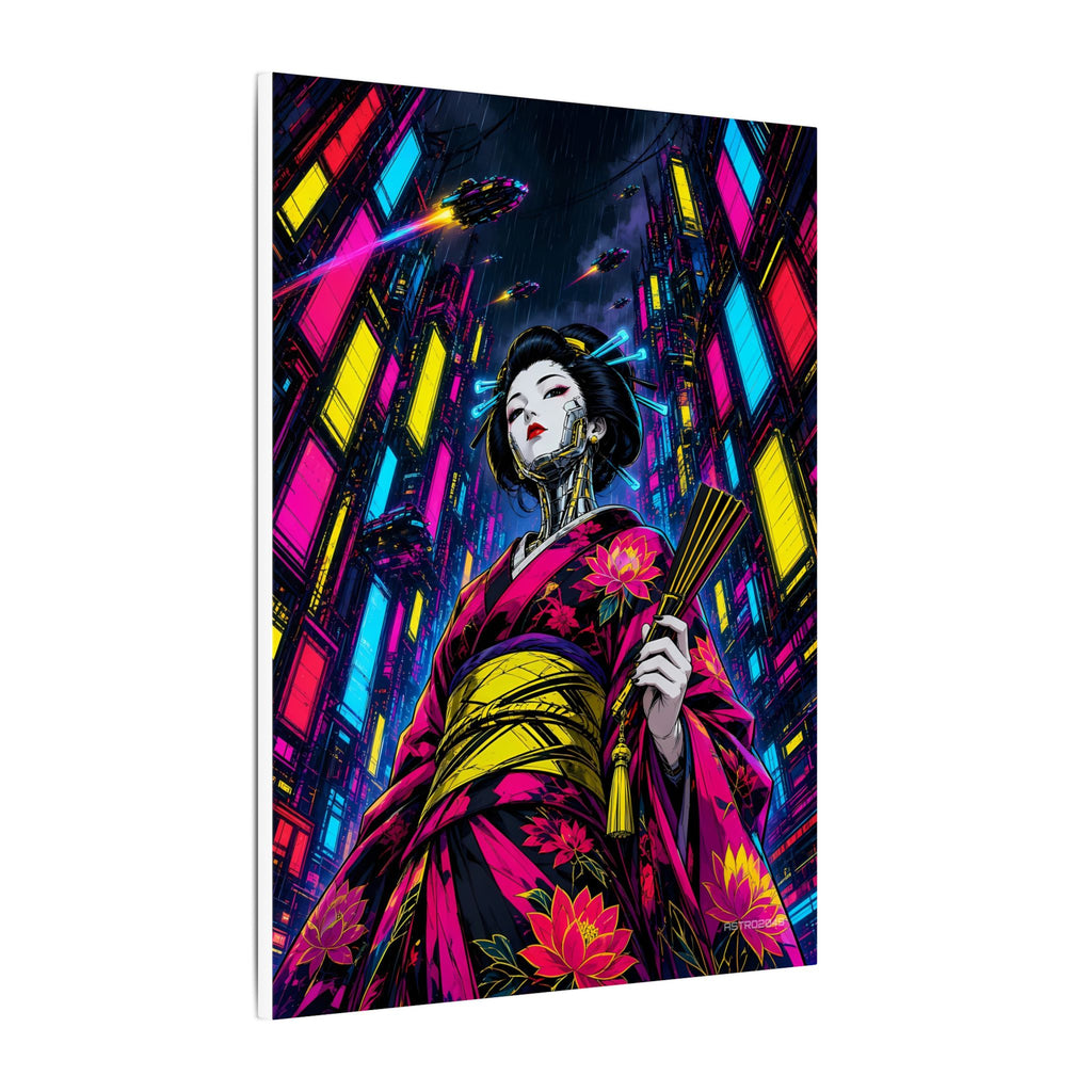 Chrome Lotus Geisha canvas hanging above a dark gaming desk with neon lighting, view 3 of 8