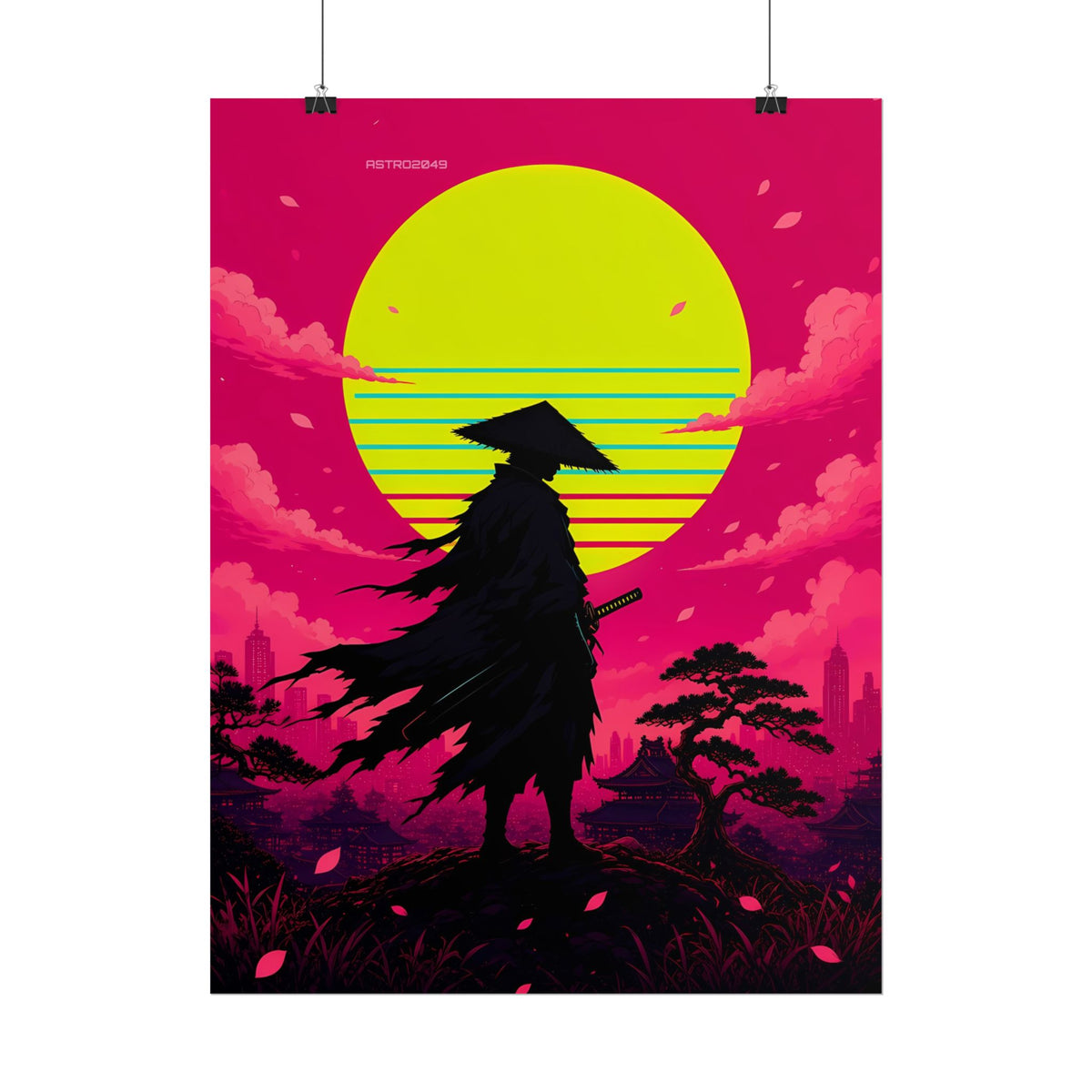 Retrowave Sun Ronin poster hanging above a dark gaming desk with neon lighting, view 6 of 8