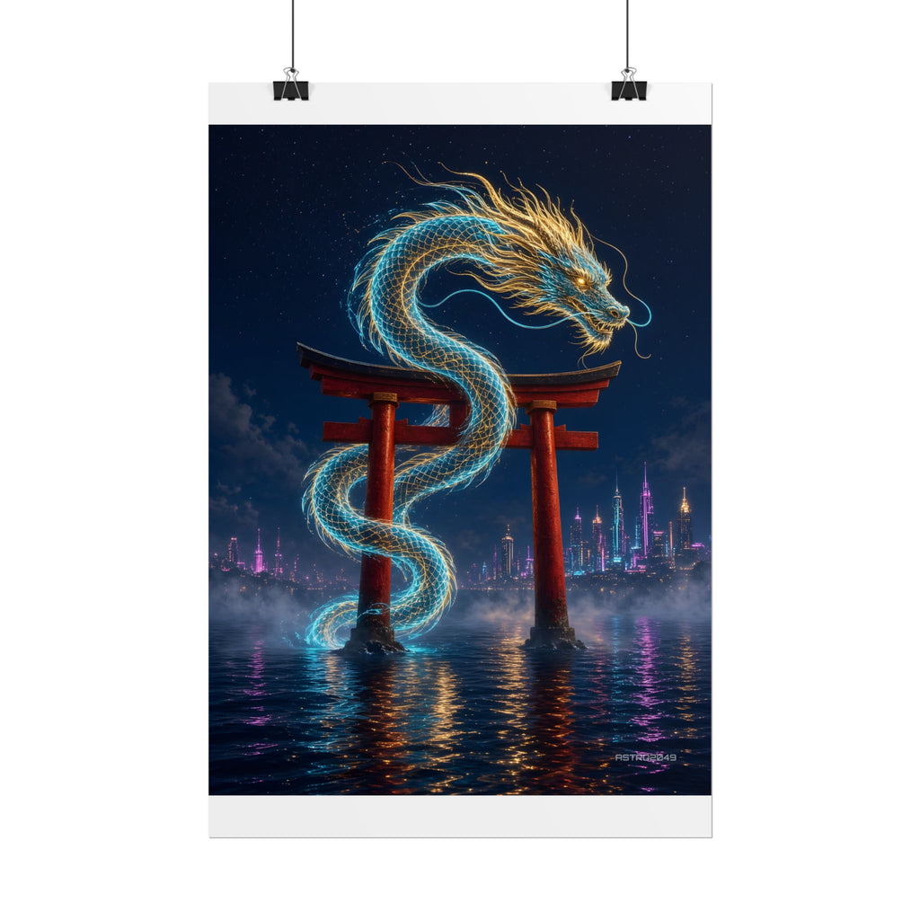 Tide Gate Dragon poster hanging above a dark gaming desk with neon lighting, view 3 of 8