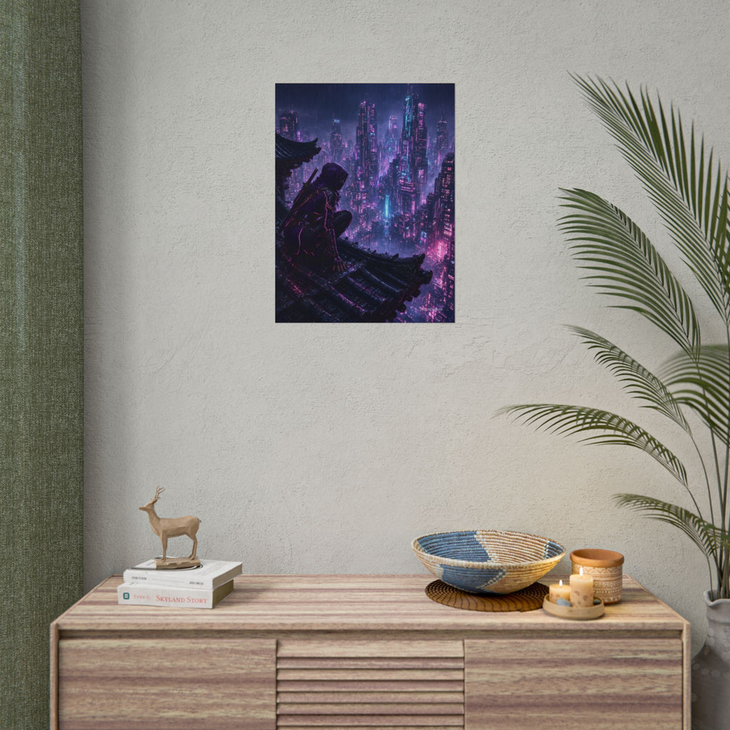 Neon Rooftop Kunoichi poster hanging above a dark gaming desk with neon lighting, view 8 of 8