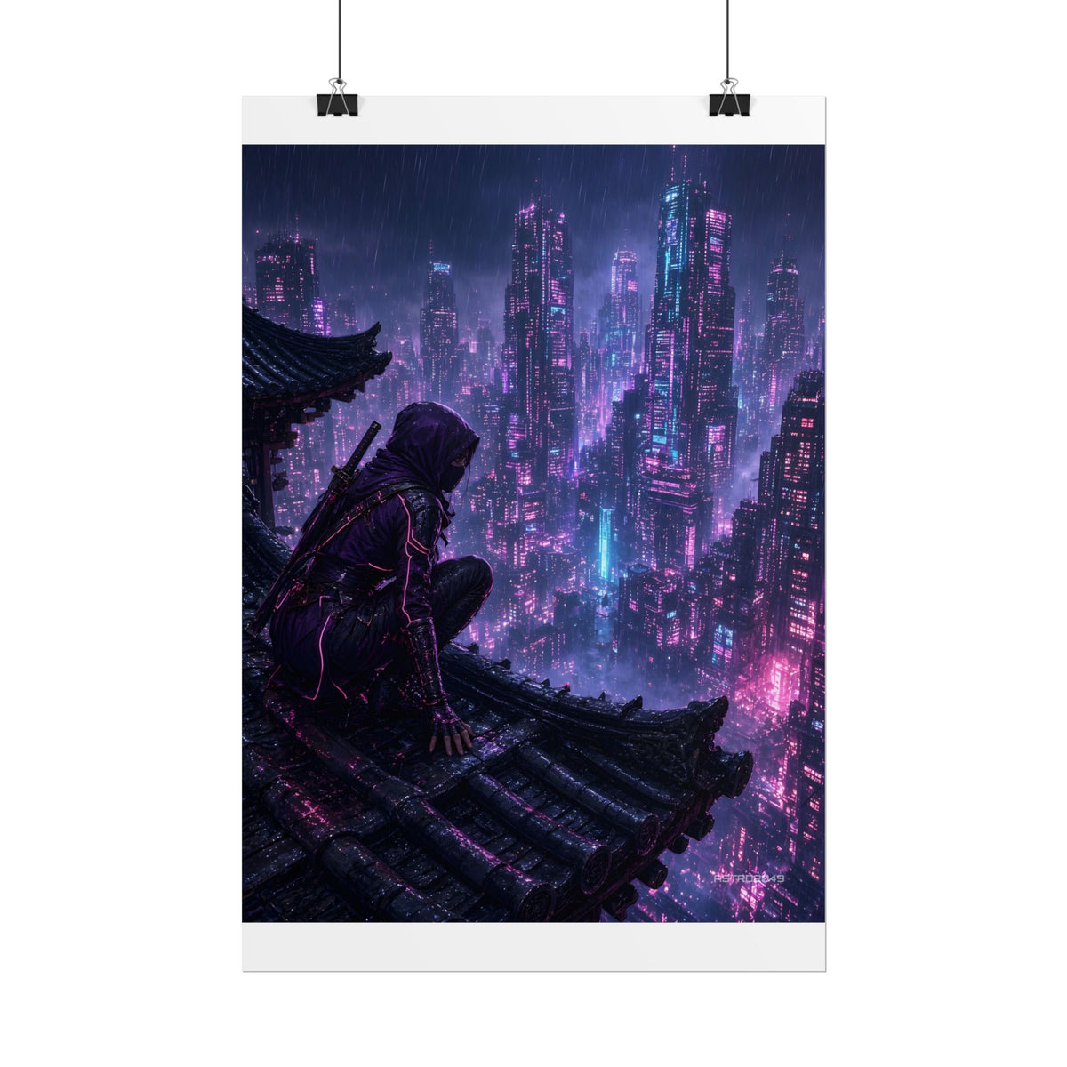 Neon Rooftop Kunoichi poster hanging above a dark gaming desk with neon lighting, view 3 of 8