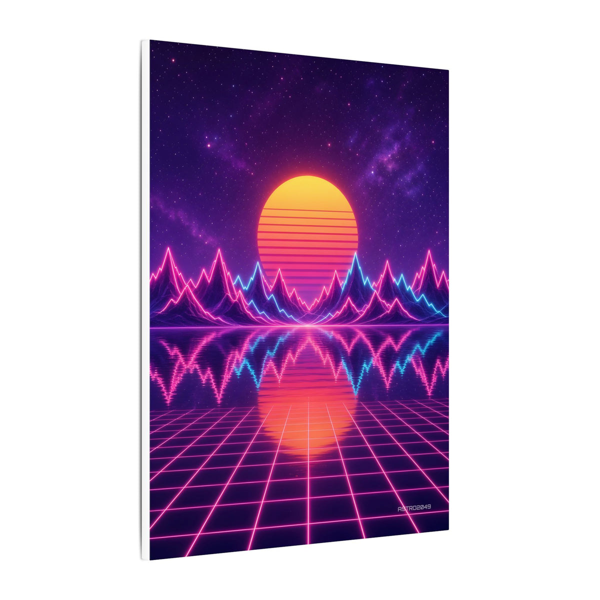 Waveform Sunset canvas hanging above a dark gaming desk with neon lighting, view 3 of 8