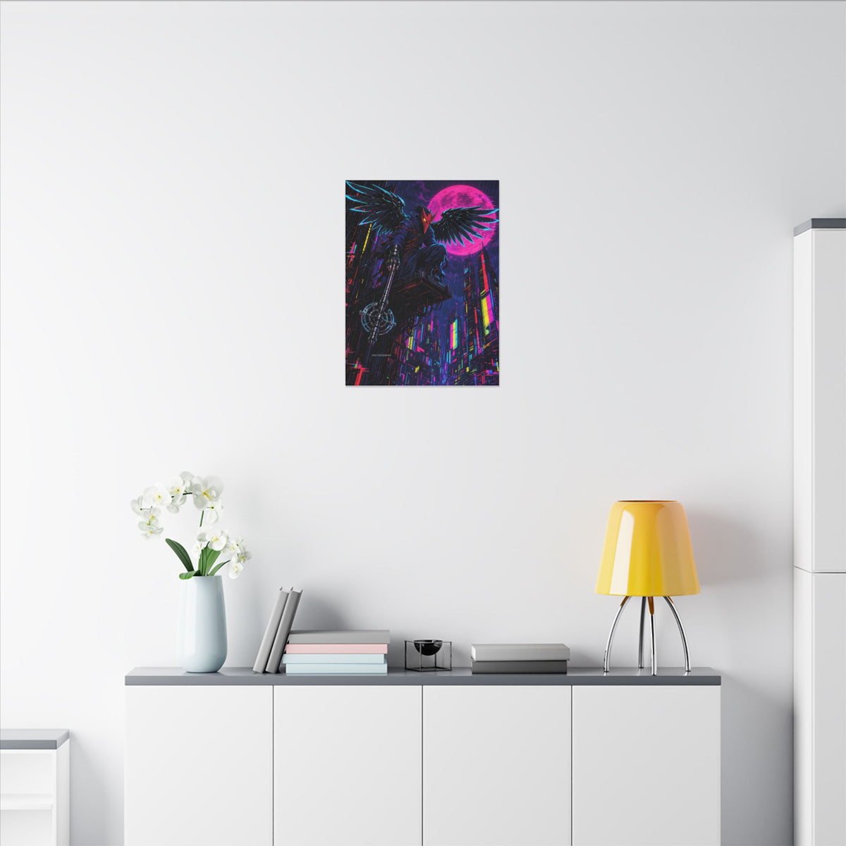 Chrome Tengu Sentinel canvas hanging above a dark gaming desk with neon lighting, view 5 of 8