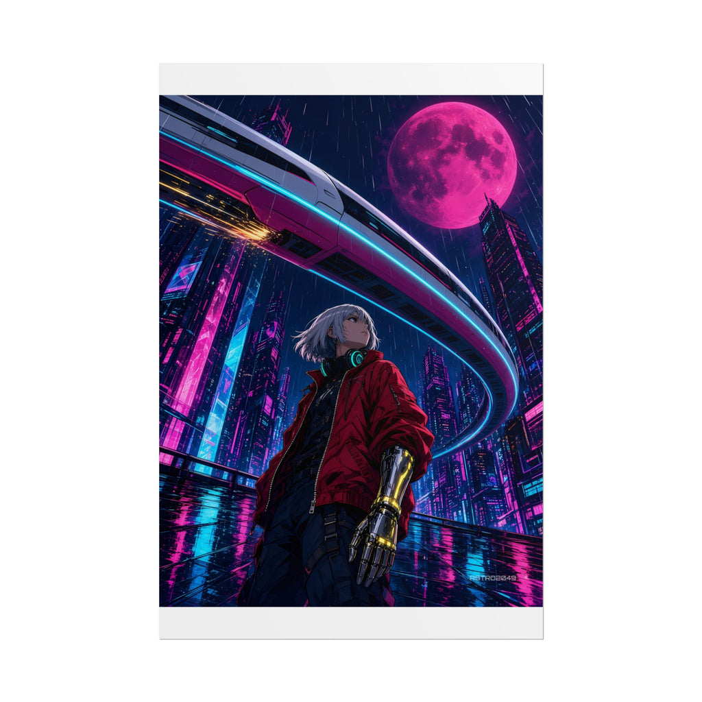 Vertical anime-style art of a silver-haired courier in a red jacket on a rainy platform, a monorail curving overhead and a magenta moon above neon towers, poster by ASTRO2049