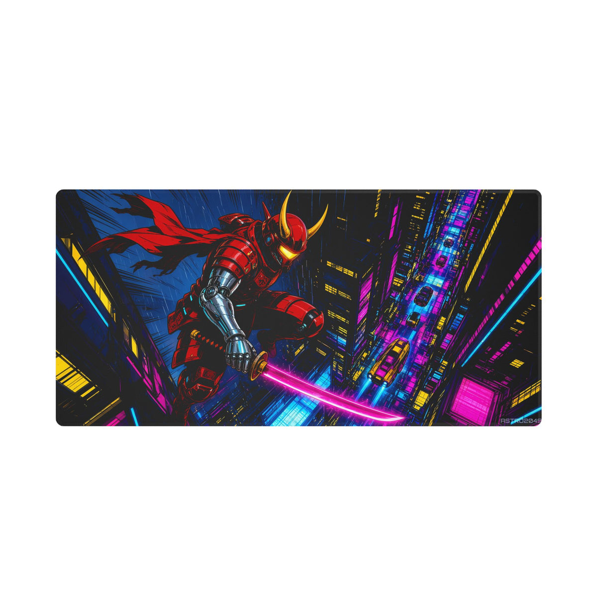 Skyfall Chrome Samurai desk mat under a keyboard and mouse in a dark neon gaming setup – 36 x 18 in