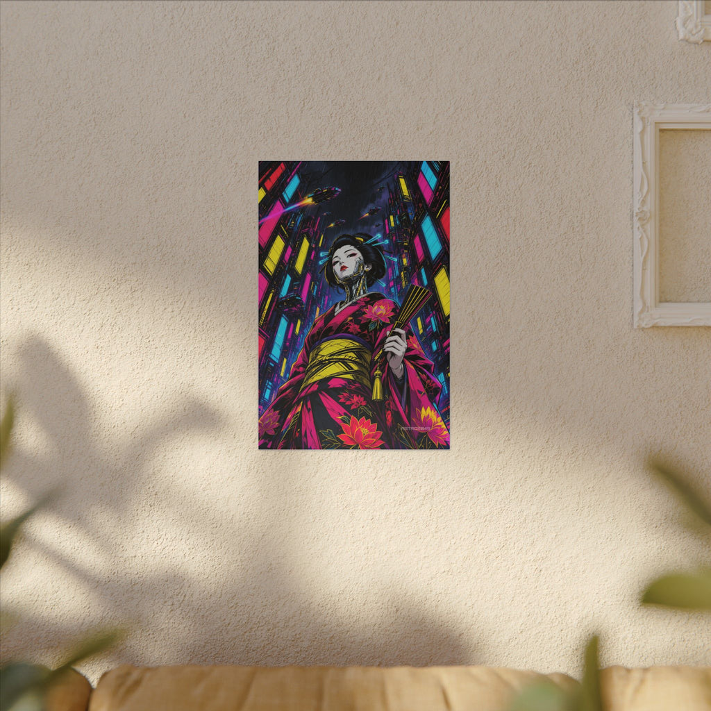 Chrome Lotus Geisha canvas hanging above a dark gaming desk with neon lighting, view 7 of 8
