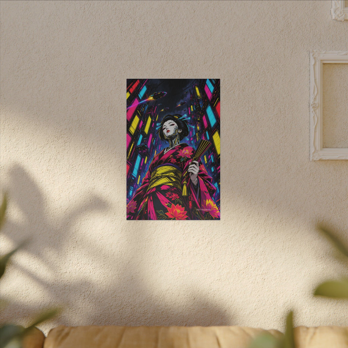 Chrome Lotus Geisha canvas hanging above a dark gaming desk with neon lighting, view 7 of 8