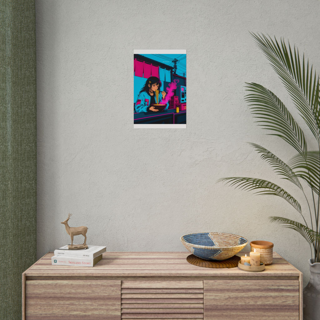 Ramen Stall Messenger poster hanging above a dark gaming desk with neon lighting, view 5 of 8