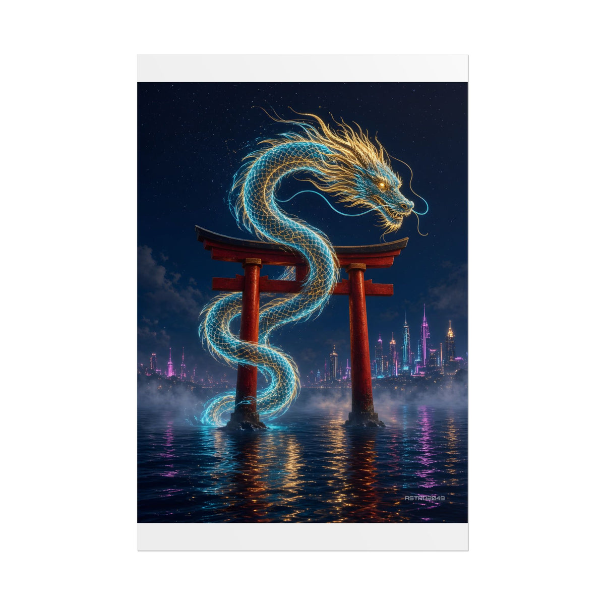 Vertical neon art of a luminous dragon wrapped around a vermilion torii gate in the sea under a night sky, poster by ASTRO2049