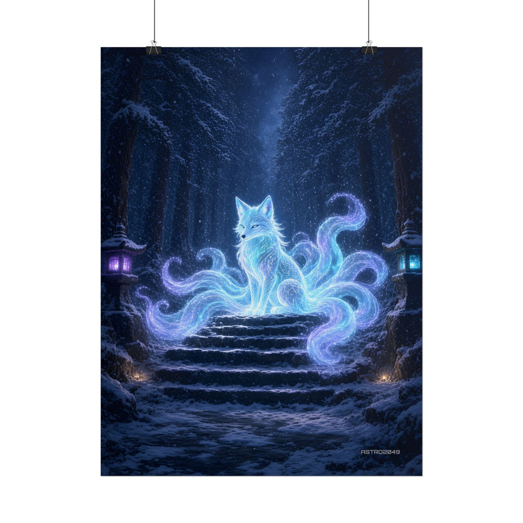 Snow Shrine Kitsune poster hanging above a dark gaming desk with neon lighting, view 6 of 8