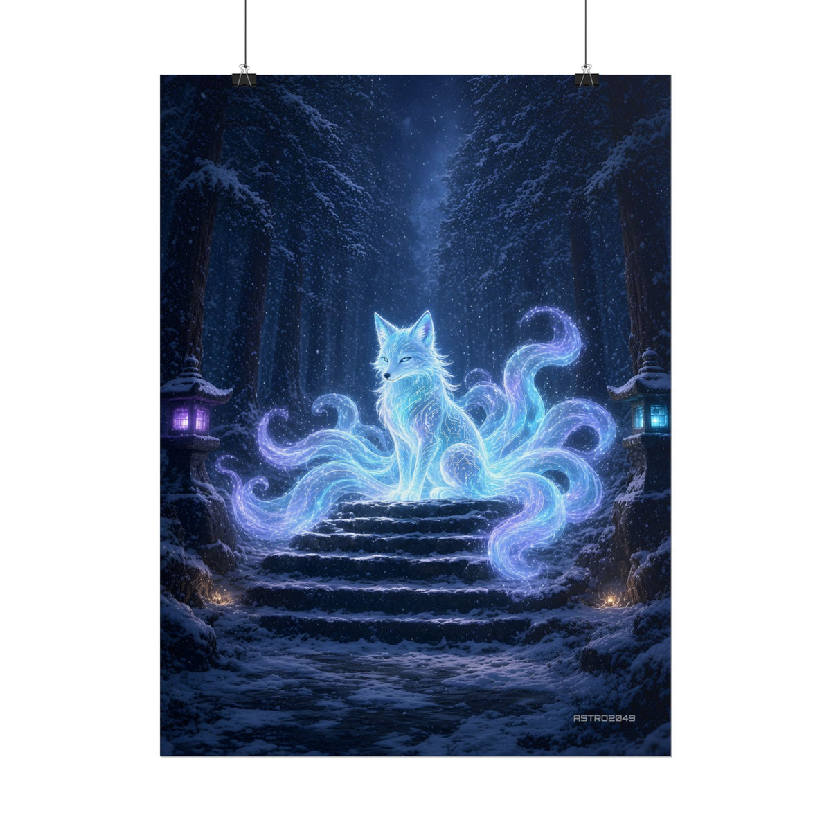 Snow Shrine Kitsune poster hanging above a dark gaming desk with neon lighting, view 6 of 8