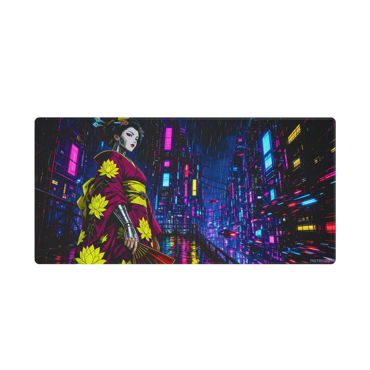Chrome Lotus Geisha desk mat under a keyboard and mouse in a dark neon gaming setup – 36 x 18 in
