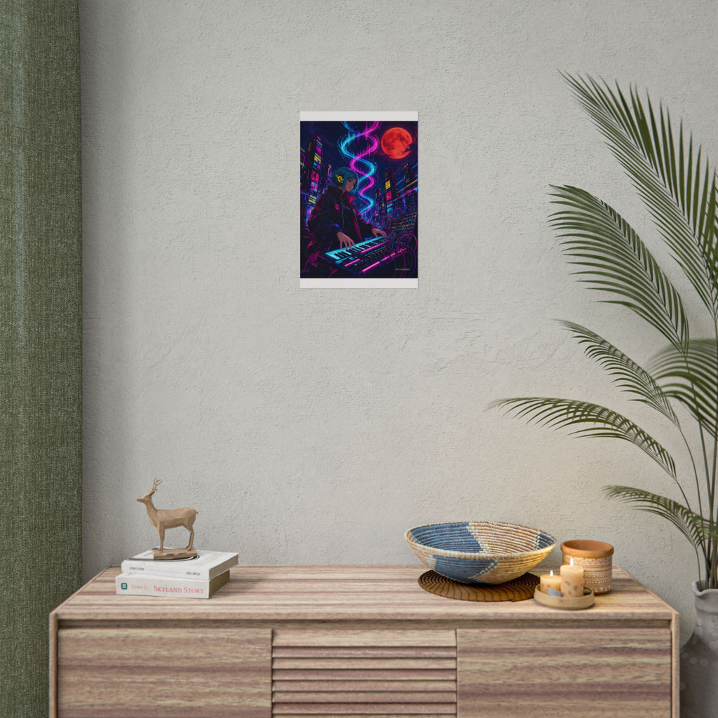Rooftop Synth Runner poster hanging above a dark gaming desk with neon lighting, view 5 of 8