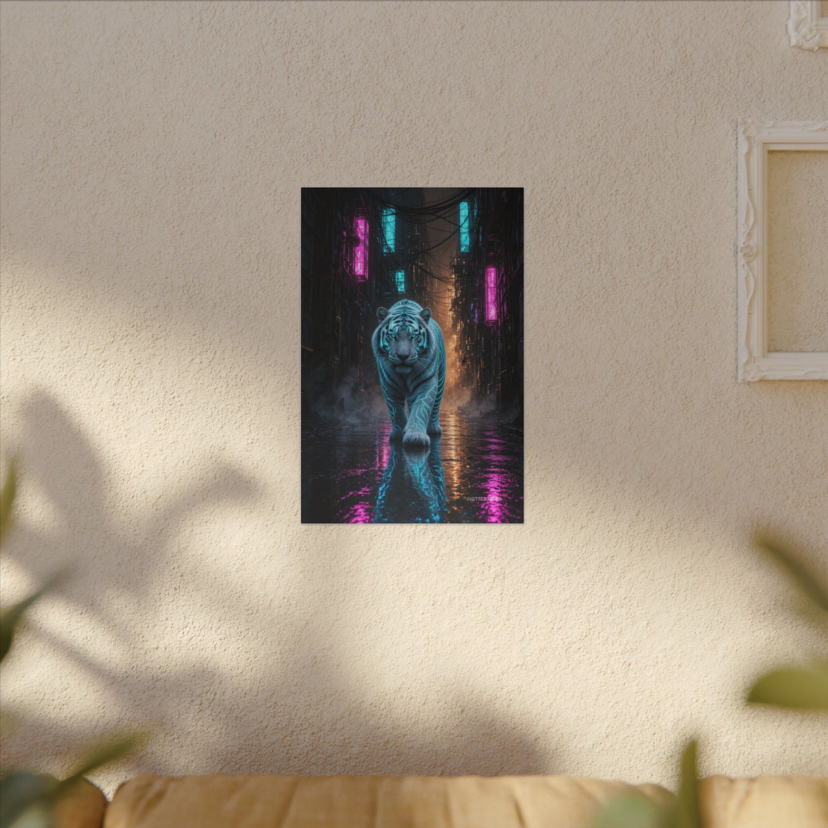 Rain Alley Tiger canvas hanging above a dark gaming desk with neon lighting, view 7 of 8