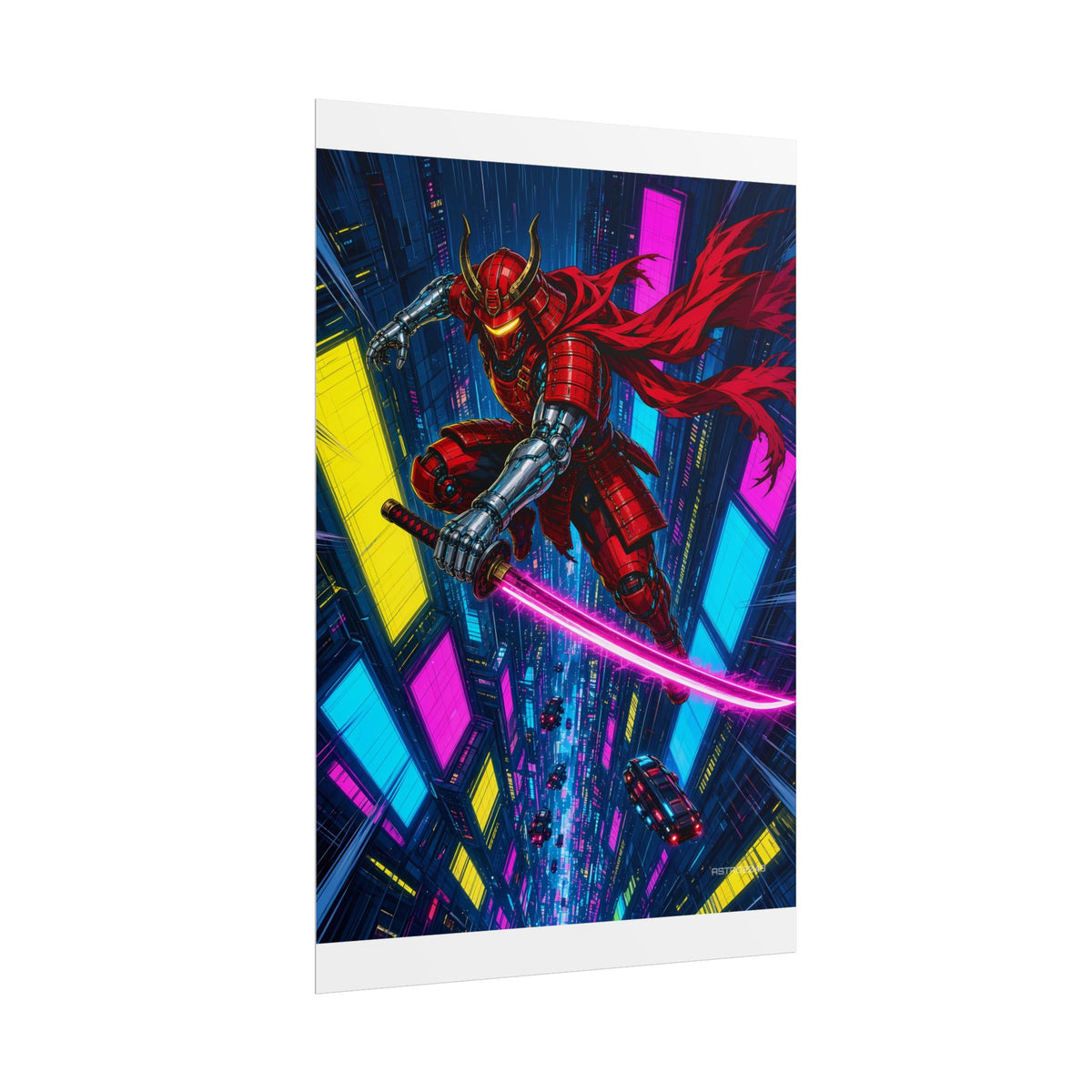 Skyfall Chrome Samurai poster hanging above a dark gaming desk with neon lighting, view 4 of 8