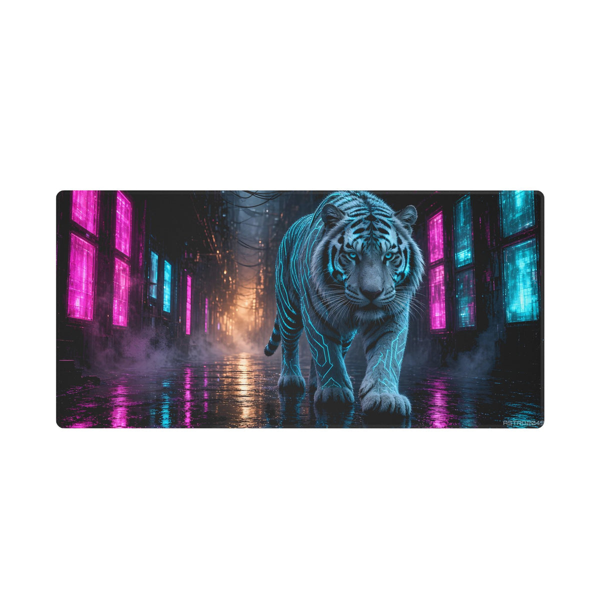 Rain Alley Tiger desk mat under a keyboard and mouse in a dark neon gaming setup – 36 x 18 in