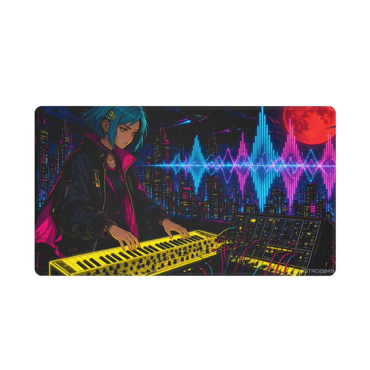 Anime-style musician with teal hair playing a glowing yellow synthesizer on a rooftop, cyan and magenta sound waves and a red moon over a neon megacity, desk mat by ASTRO2049