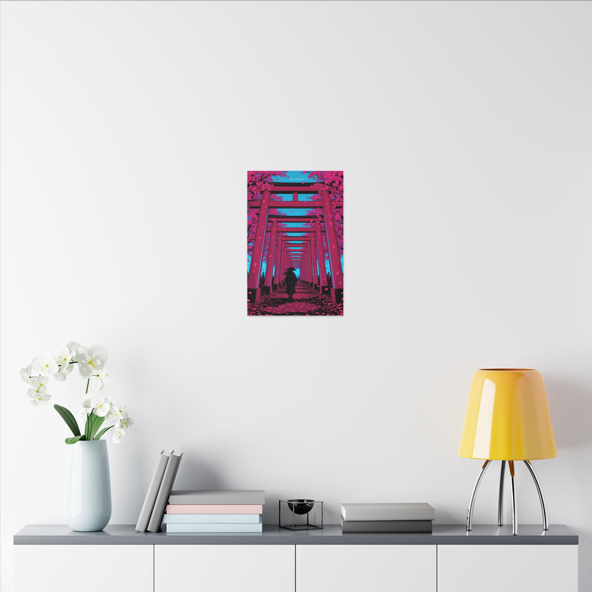 Torii Tunnel Samurai canvas hanging above a dark gaming desk with neon lighting, view 8 of 8